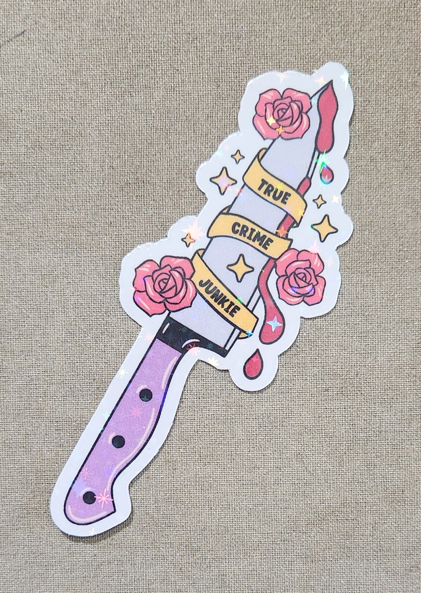 True Crime Junkie Knife Sticker