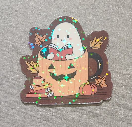 Ghost Reading in a Pumpkin Coffee Cup Sticker