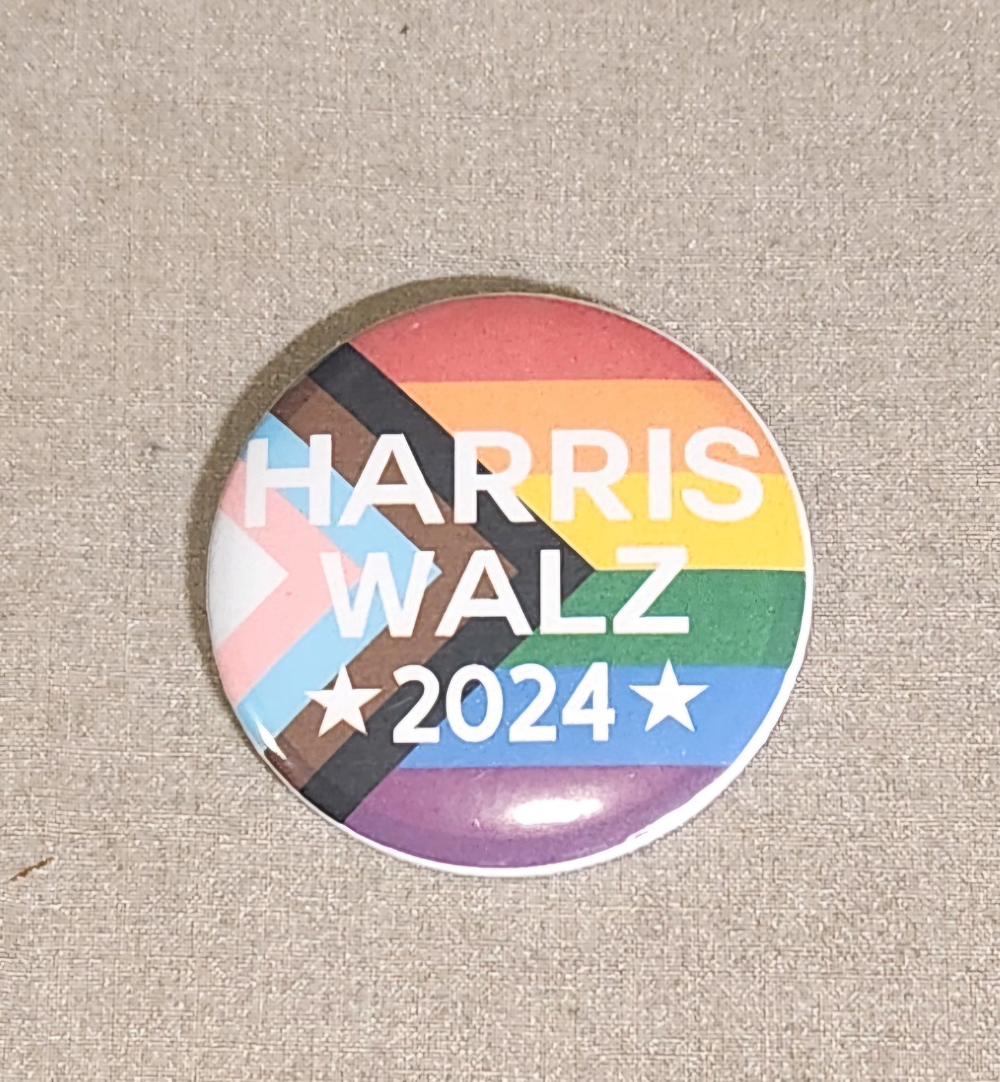 Harris Walz 2024 Progressive Pride Flag Pinback Button