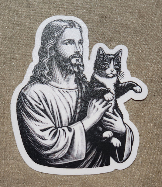 Jesus Holding A Cat Sticker