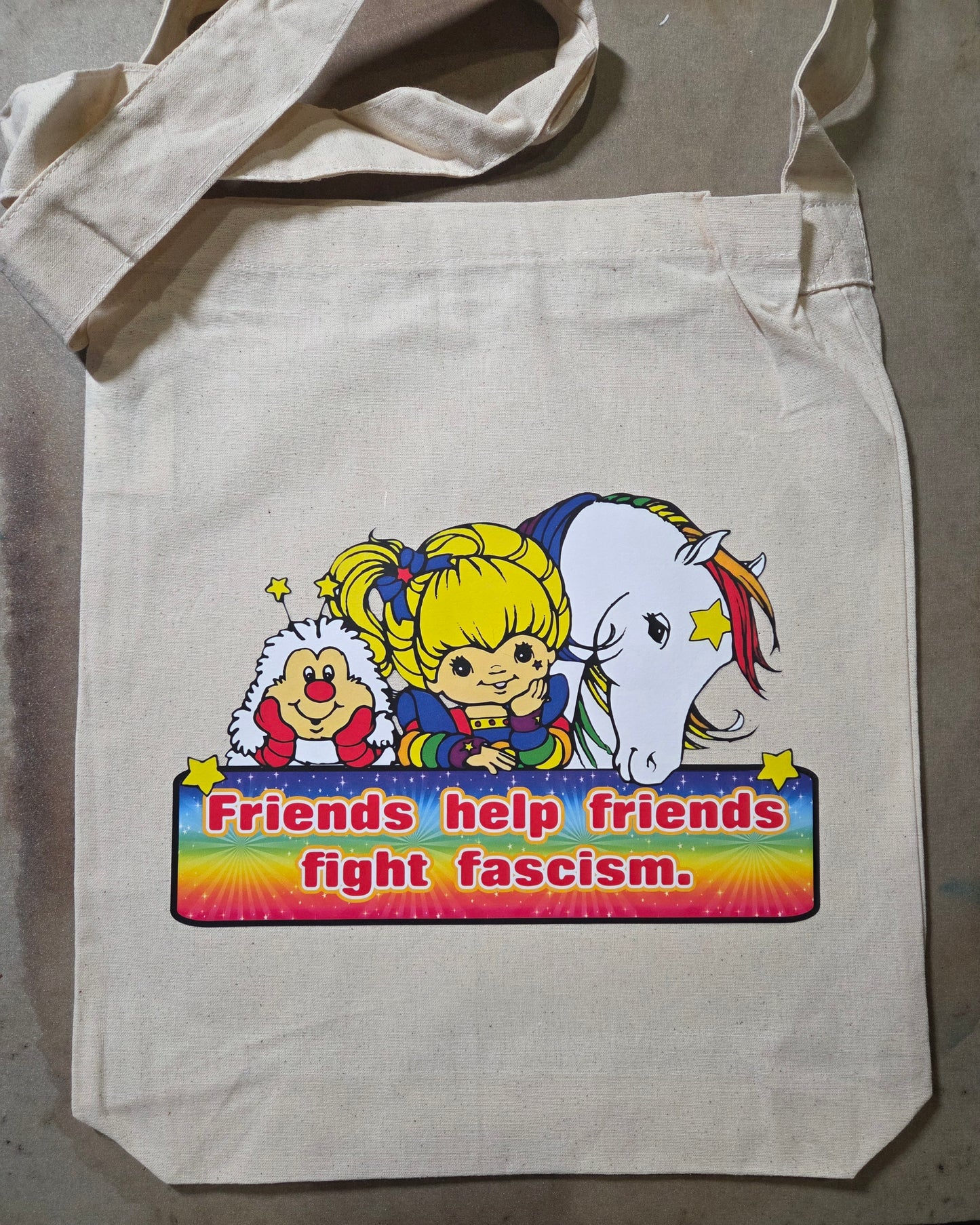 Friends Help Friends Fight Fascism Rainbow Brite Tote