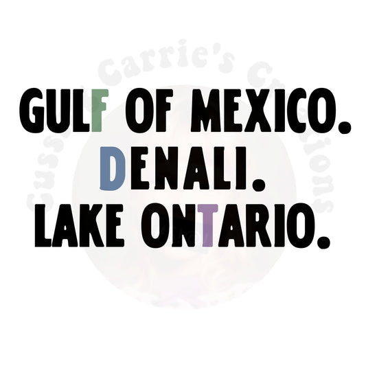 Gulf of Mexico Denali Lake Ontario Subtle FDT T-Shirt (Not Open to Questions Version)