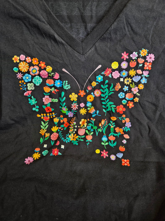 Floral Butterfly Subtle Anti-Trump T-Shirt Size M Black V-neck