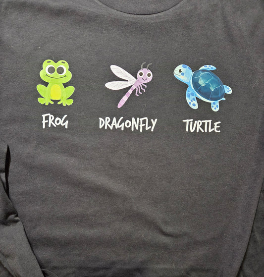 Frog Dragonfly Turtle Long Sleeve T-Shirt Size Large (Sylvie Special)